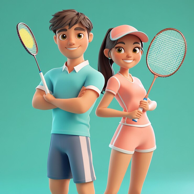 a cartoon boy and a girl posing with a tennis racket