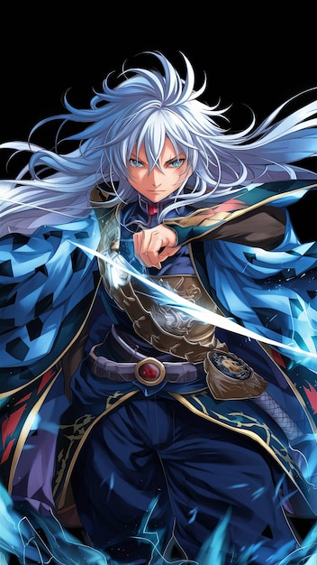 a cartoon character with a sword and a blue background