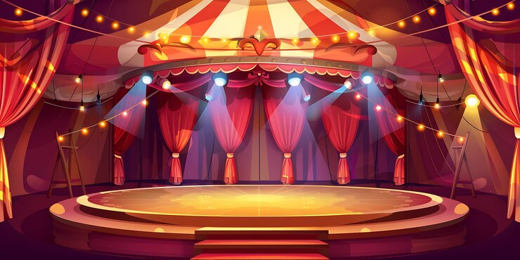 a cartoon circus stage with a big round stage and red curtains