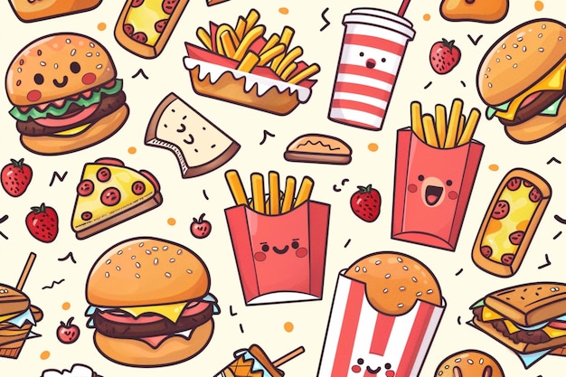 a cartoon illustration of a hamburger and fries with a cartoon face