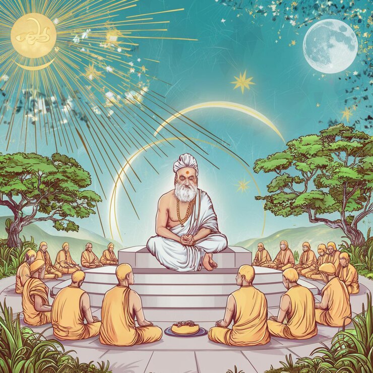 a cartoon of a man sitting on a steps with a moon in the background