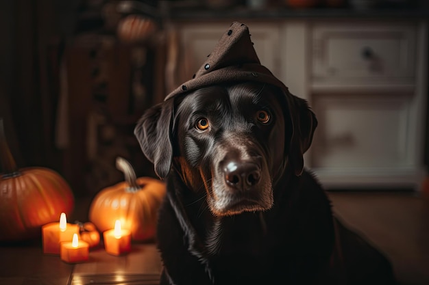 A casa un simpatico cane labrador con zucche di Halloween e un cappello da strega