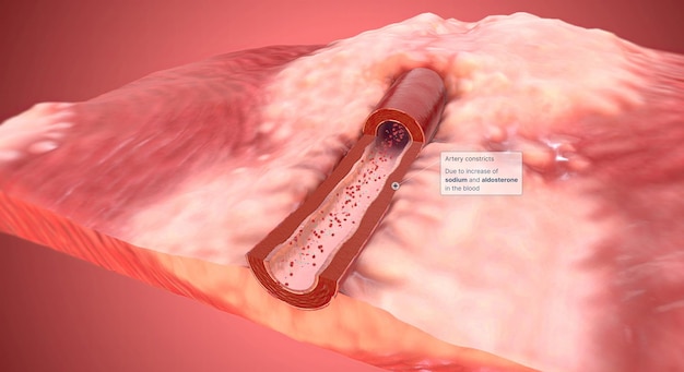 A causa dell'aumento di sodio e aldosterone nel restringimento dell'arteria sanguigna