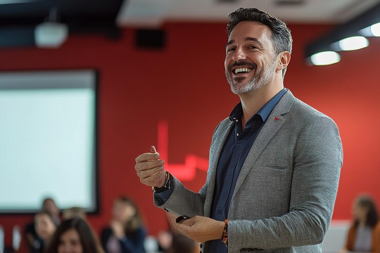 A cheerful business leader giving a presentation w