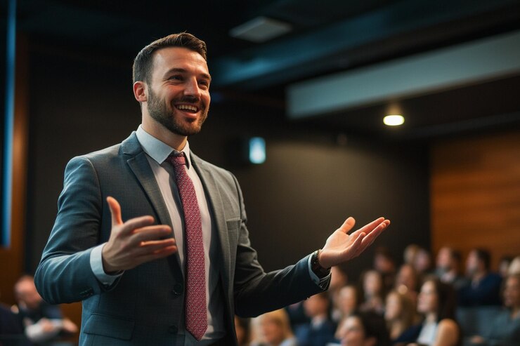 A cheerful business leader giving a presentation w