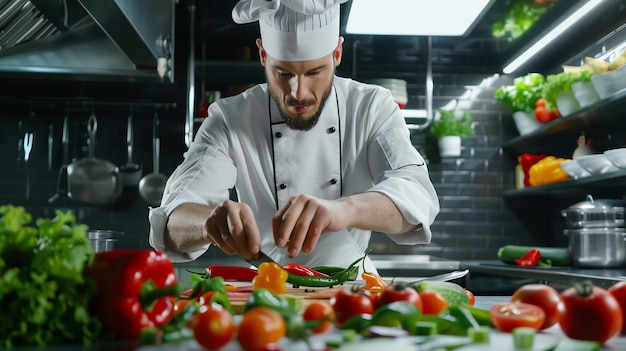 A chef is carefully chopping fresh vegetables in a commercial kitchen