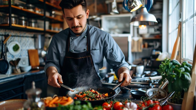 a chef is cooking in a kitchen with a pan of food