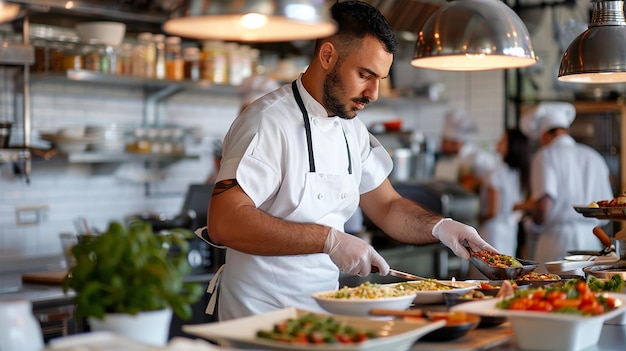 a chef stands in a kitchen with several dishes of food