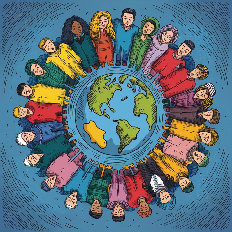 a circle of people with the world around the world