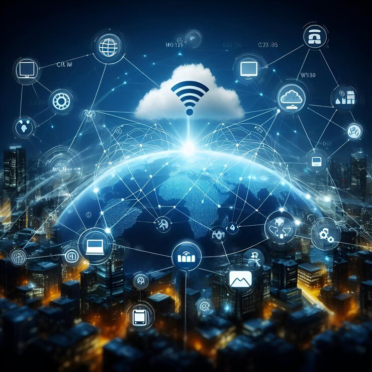 a city with a digital display and the word internet on it