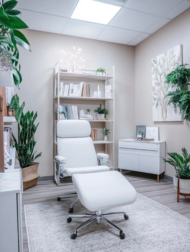 A clean modern psychologists office with an empty inviting chair in the center