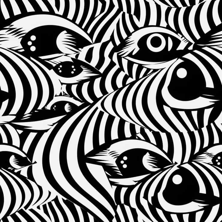 A close up of a black and white drawing of fish generative ai