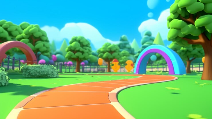 Photo a close up of a cartoon style road with trees and a rainbow generative ai