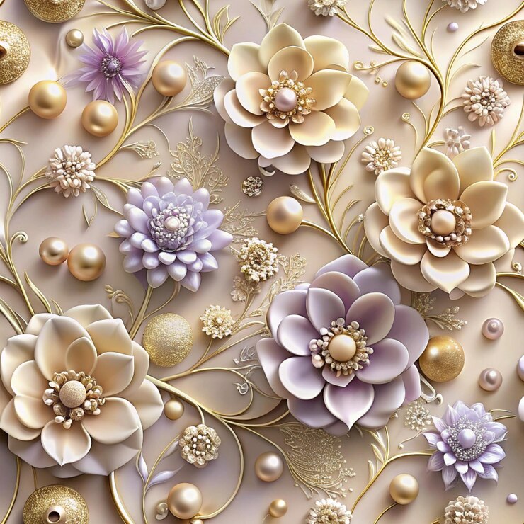a close up of a design with flowers and gold leaves
