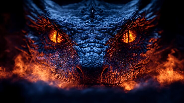 a close up of a dragons face with glowing eyes