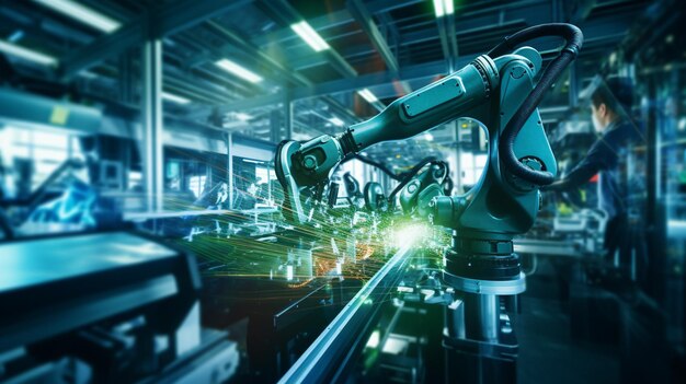 A close up of a robot moving through a factory with a lot of machines generative ai