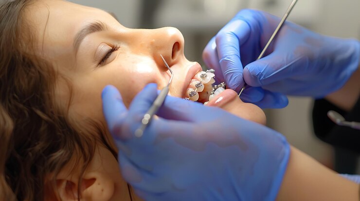 A closeup of a dentist wearing blue gloves examining a patients teeth with braces The patient is a young woman with her eyes closed