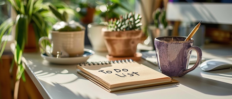 Photo a closeup of a todo list on a white table with plenty of room for writing and a hazy monitor view generative ai