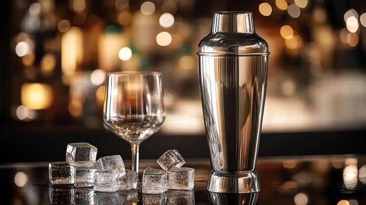 A cocktail shaker beside a glass and ice set in a bar atmosphere