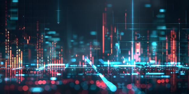 a colorful abstract image of a city with a blue and red background