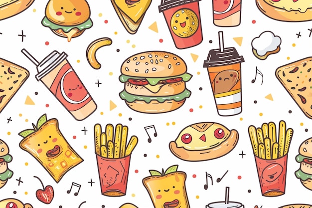 a colorful background with food and drinks and a picture of a burger and french fries