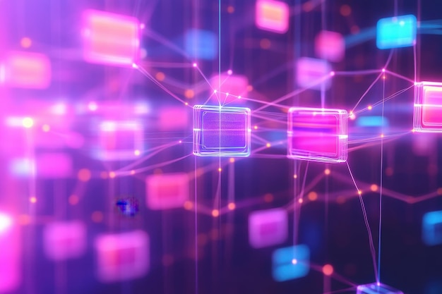 A colorful image of many small squares and rectangles with a purple background
