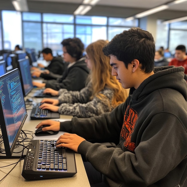 a computer lab with students coding and working on programming assignments