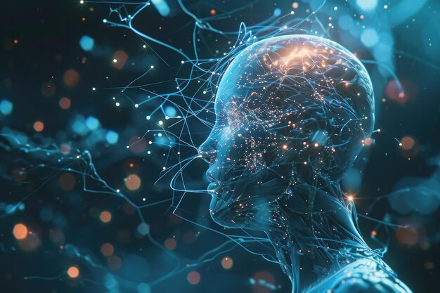 A computergenerated image showcasing a meticulously crafted human head highlighting intricate facial details AI brain interface with neural connections AI Generated