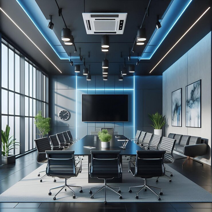 a conference room with chairs and a tv on the wall
