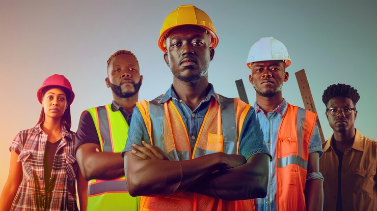 A creative blend of construction workers with safety vests and an engineer with a hard hat illustrating diversity and expertise in the industry