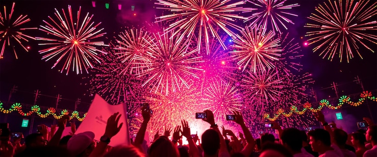a crowd of people are watching fireworks and the word fireworks is on the screen