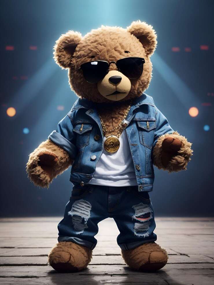 A cute teddy bear with a pair of sunglasses and a pair of jeans rapping in a cypher