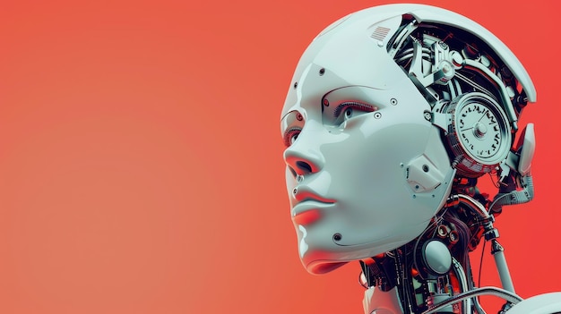 a cyborg portrait against a crimson background