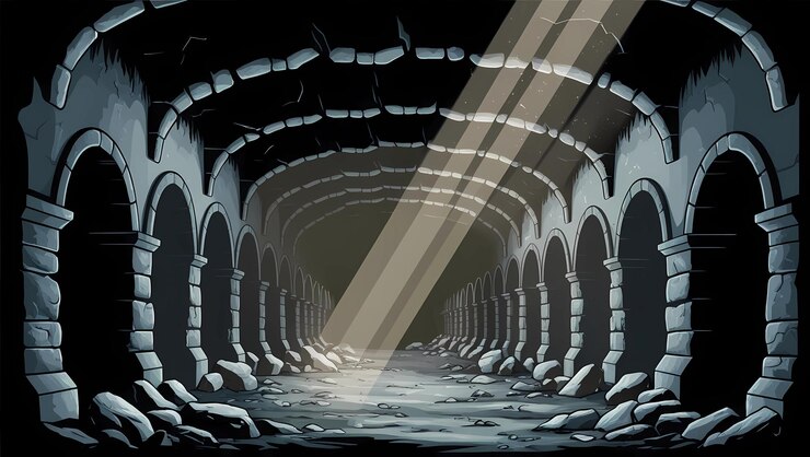a dark tunnel with a light shining on it
