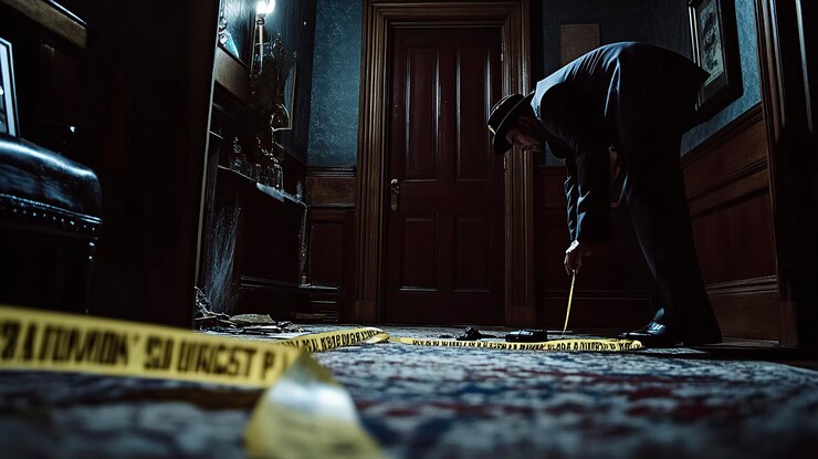 A detective examines evidence in a dimly lit room marked with police tape
