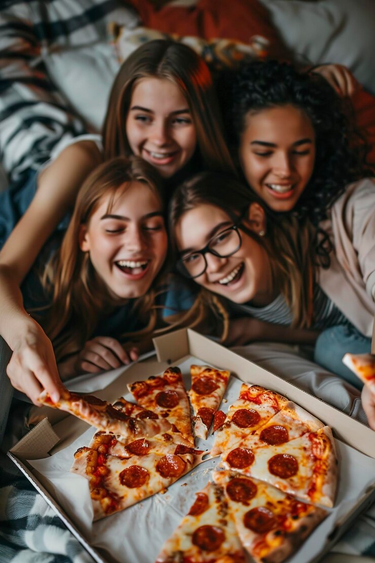 A Diverse group of young friends having a pizza party