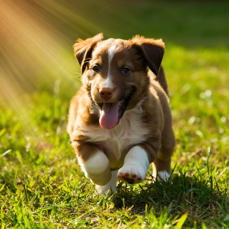 a dog running in the grass with the sun behind him