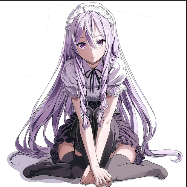a drawing of a anime girl with purple hair sitting on the ground