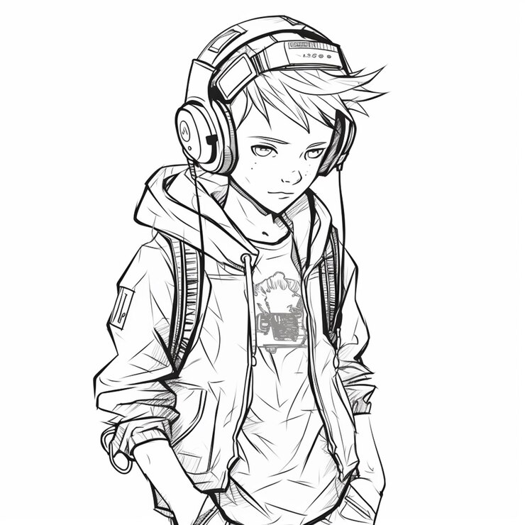 a drawing of a boy with headphones and a jacket generative ai