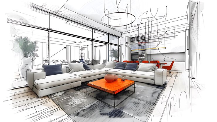 Photo a drawing of a living room with a large orange couch and a coffee table