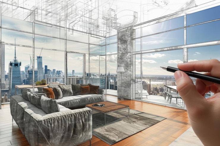 Photo a drawing of a living room with a view of a city