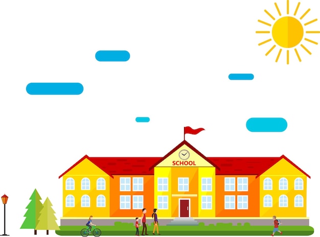 a drawing of a school with children in front of it