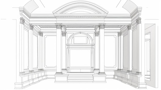 a drawing of a white building with columns and columns