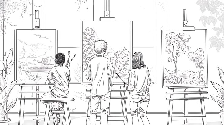 Photo a drawing of people in front of a painting titled quot the artist quot