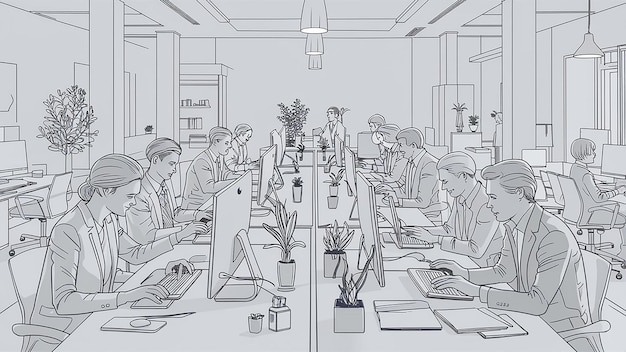 a drawing of people working in a large room with a line of laptops