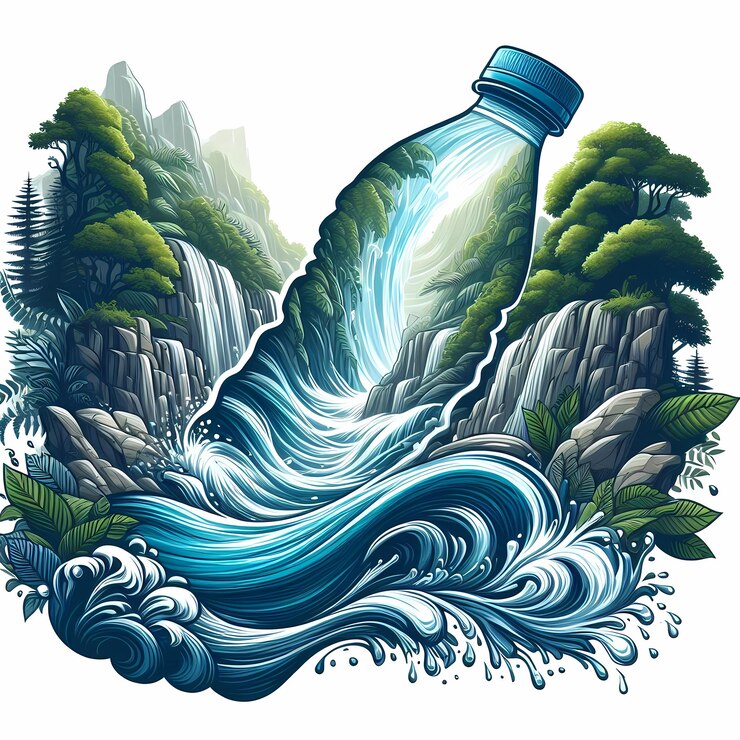 A dynamic illustration of a water bottle turning into a flowing waterfall