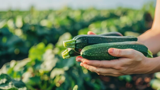 A farmer holds ripe zucchini in his hands against the backdrop of a vegetable garden with space for text