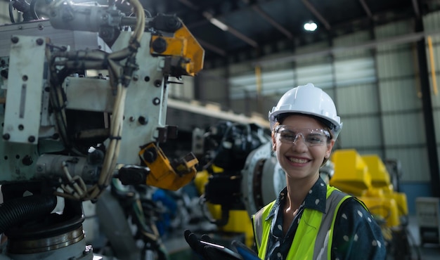 a female engineer installs a program on a robotics arm in a robot warehouse and test the operation before sending the machine to the customer