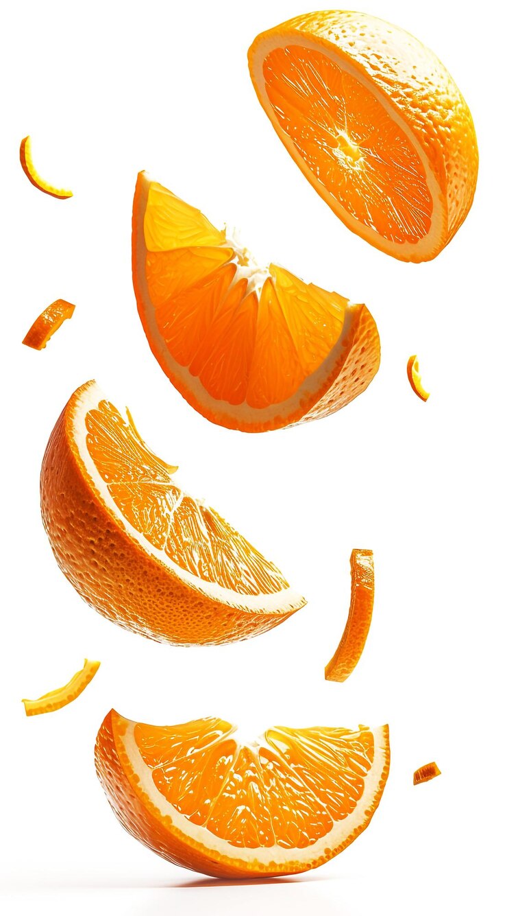 Photo a few orange slices falling in the air against a white background falling orange slice isolated