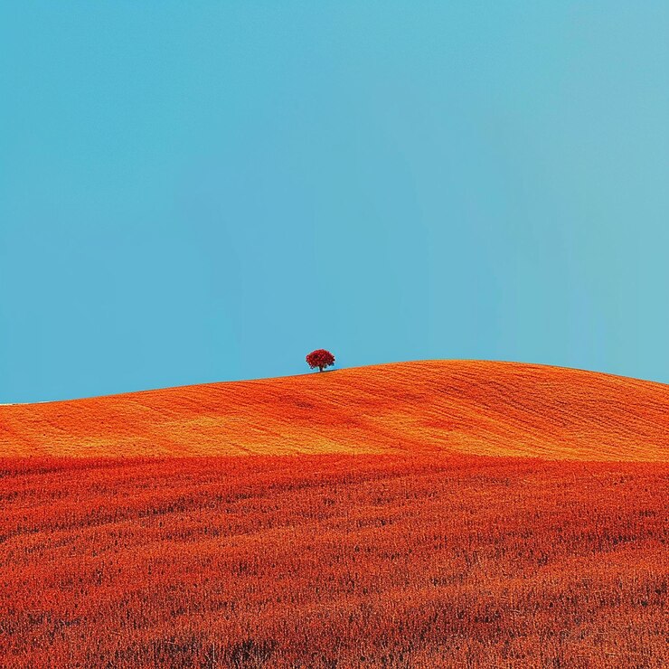 a field with a tree on it and a blue sky in the background
